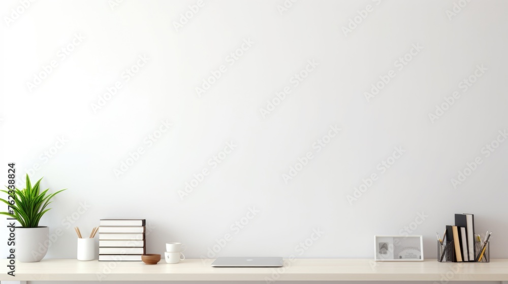 A desk setup with a laptop, books, and a potted plant. Ideal for home office or education concepts