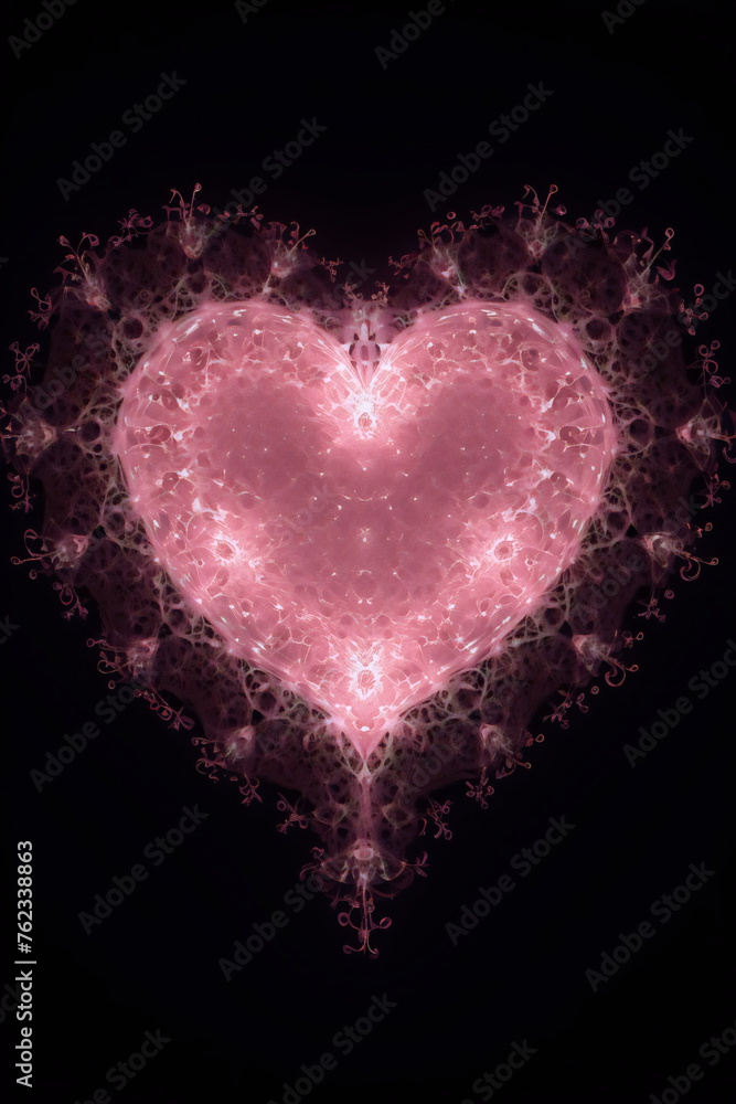 3D illustration of a glowing purple heart shape on a dark background. 3D illustration of a glowing purple heart shape on a dark background.