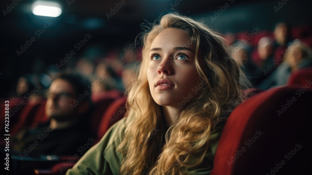 A woman sitting in a theater watching a movie. Ideal for entertainment industry promotions