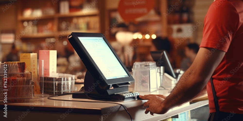 A person standing at a counter with a laptop, suitable for business concepts A person standing at a counter with a laptop, suitable for business concepts