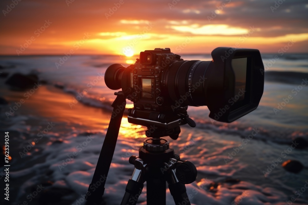 Fototapeta premium A camera on a tripod with a beautiful sunset in the background. Perfect for photography enthusiasts and travel bloggers