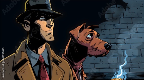 In a dark, gritty urban setting, a hardened detective and his loyal dog sidekick investigate a perplexing case