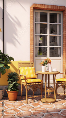 3D rendering of a cozy outdoor seating area with two chairs, a table, and potted plants in a Mediterranean style
