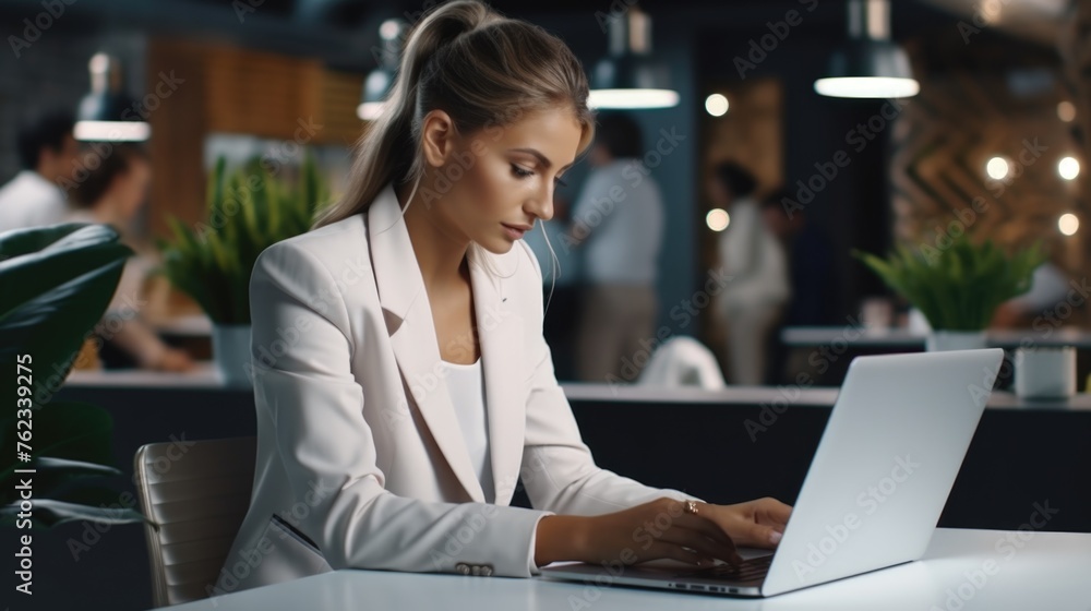 Woman sitting at a table using a laptop, suitable for business or technology concepts Woman sitting at a table using a laptop, suitable for business or technology concepts
