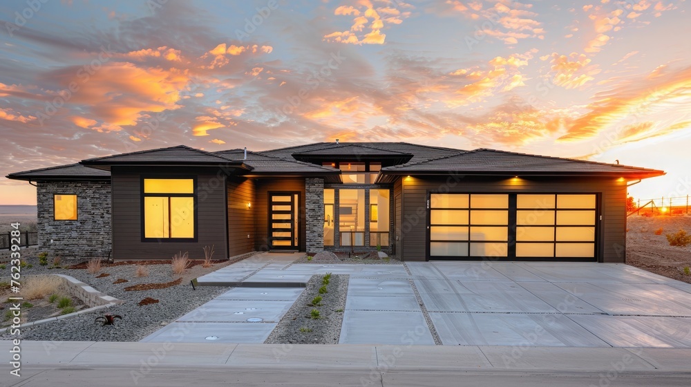 New construction home exterior with contemporary house plan features ...