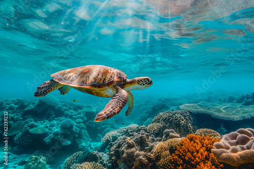 Sea turtles swimming through the crystal-clear waters of the Great Barrier Reef, with vibrant coral reefs as their backdrop. 