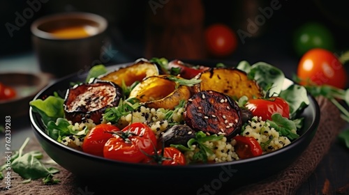 Fresh vegetables and rice in a bowl, perfect for food and cooking concepts