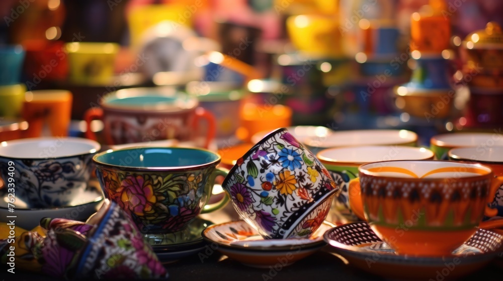 Colorful cups and saucers displayed on a table, perfect for coffee shop or kitchen themes Colorful cups and saucers displayed on a table, perfect for coffee shop or kitchen themes
