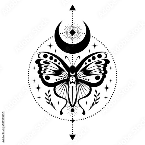 Mystic black moth, magic butterfly and crescent moon, sacred symbols for witchcraft, occult, esotericism, print, poster, tattoo. Vector pagan magical seal isolated on white background