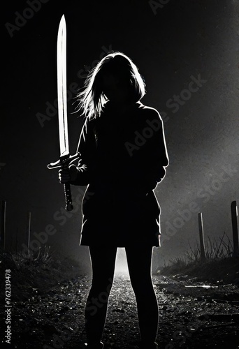girl with sword in darkness