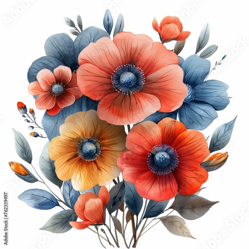 watercolor composition with large flowers painted in warm shades of orange and red  with green leaves and buds clipart Concept  art and nature  in botanical books and textbooks  flora and plant growin