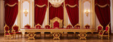 3D rendering of a royal throne room with red and gold accents