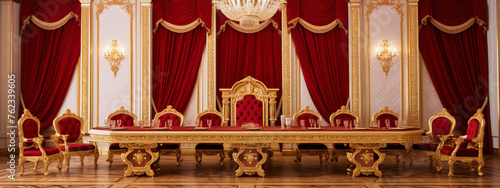 3D rendering of a royal throne room with red and gold accents