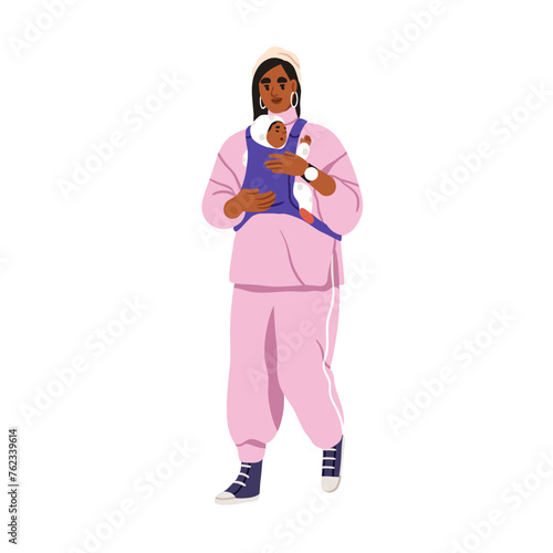 Mother and sleeping baby in sling bag. Black woman, mom carrying kid in wrap. Mum holding newborn child, infant in comfortable carrier, walking. Flat vector illustration isolated on white background