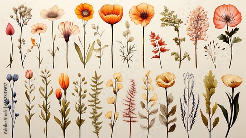Collection of watercolor plants and flowers with poppies, cornflowers and cereals, made in delicate colors clipart
Concept: art and nature, in botanical books and textbooks, flora and plant growing.