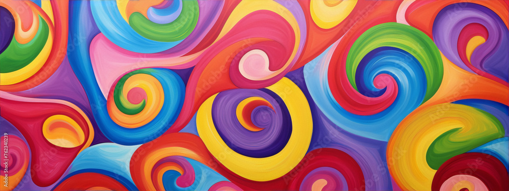 Colorful abstract painting with swirls in pink, blue, green, red, orange, purple, and yellow.