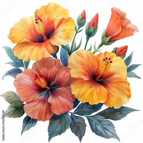 watercolor composition with large flowers painted in warm shades of orange and red  with green leaves and buds clipart Concept  art and nature  in botanical books and textbooks  flora and plant growin
