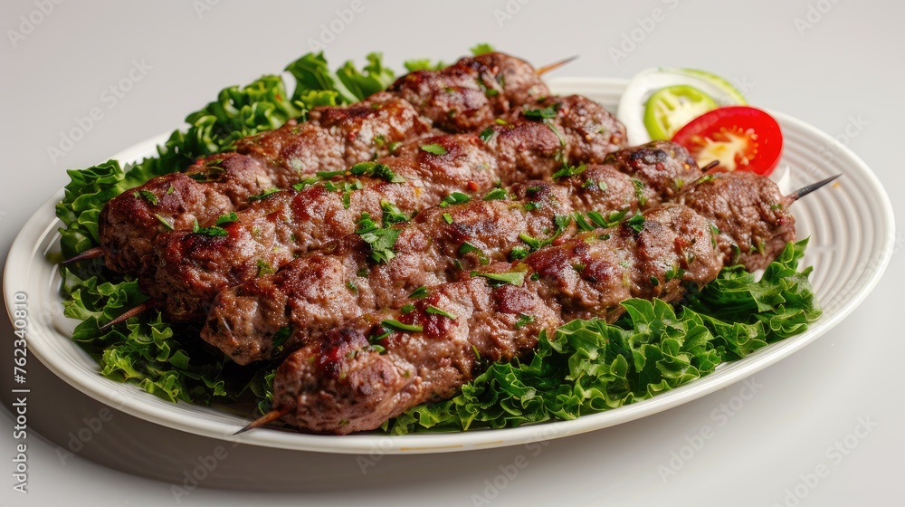 a delicious and appetizing kebab served with verdant greens on a plate, with a soft and harmonious monotone background, providing ample room for accompanying text.