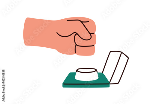 Fist hitting, pushing, pressing alert control button in emergency, danger. Hand warning, calling for help. Switching, starting action. Flat graphic vector illustration isolated on white background
