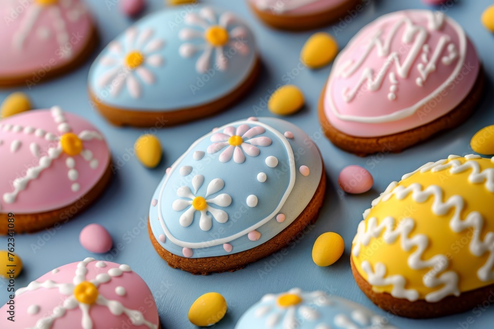 Easter Eggs Cookies with Royal Icing, Biscuit Color Eggs for Easter Design, Copy Space Easter Eggs Cookies with Royal Icing, Biscuit Color Eggs for Easter Design, Copy Space