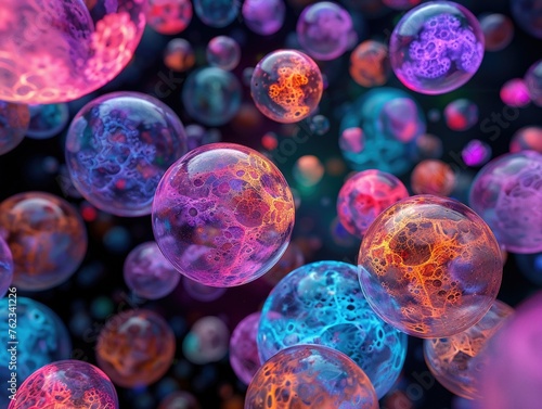 Multicolored, glowing orbs of various sizes and textures