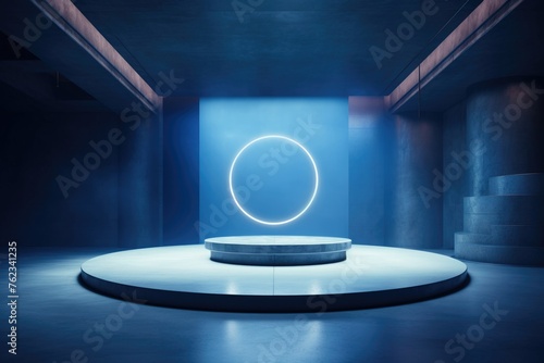 Modern abstract room with a blue platform soft lighting showcases the pedestal in a spacious empty scene
