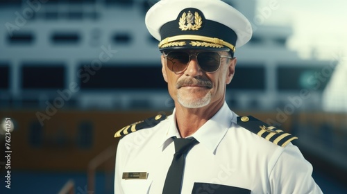 A man wearing a captain's hat and sunglasses. Suitable for nautical themes or summer vacation concepts photo