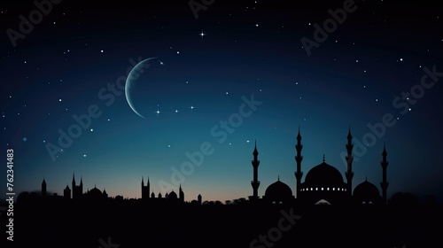 Silhouette of dome mosques under a twilight sky crescent moon star glimmering welcoming Ramadan