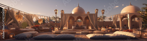 3D rendering of a luxurious tent with pillows and lanterns in the desert at sunset.