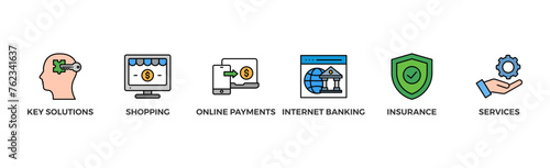 Financial service banner web icon vector illustration concept with icon of bank statement, insurance policy, mobile banking, bond, mortgage loan, investment fund	 photo