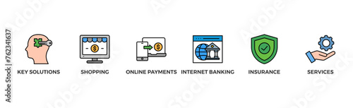 Financial service banner web icon vector illustration concept with icon of bank statement, insurance policy, mobile banking, bond, mortgage loan, investment fund	