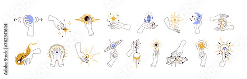 Magic outlined witch hands with mystic astrology symbols set. Holding moon, star, sun, spiritual eye, sacred crystal. Esoteric occult boho logos. Vector illustrations isolated on white background