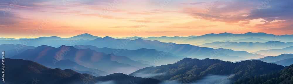 Spectacular illustration depicting a mist-shrouded mountain valley immersed in the ethereal glow of the rising sun. This enchanting scene captures the serene majesty of nature's awakening