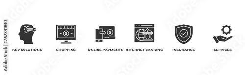 Financial service banner web icon vector illustration concept with icon of bank statement, insurance policy, mobile banking, bond, mortgage loan, investment fund	