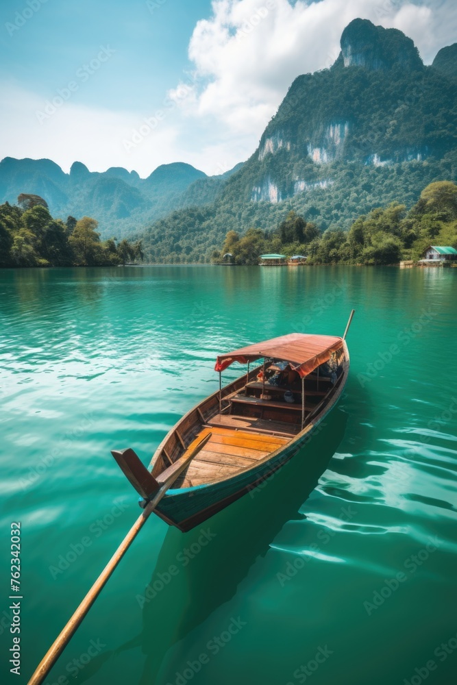 A serene image of a small boat floating on a calm lake. Perfect for nature or relaxation concepts