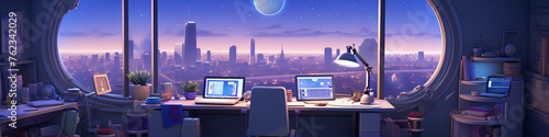 Futuristic home office interior with city night view, two computers on the desk, moon and stars in the window