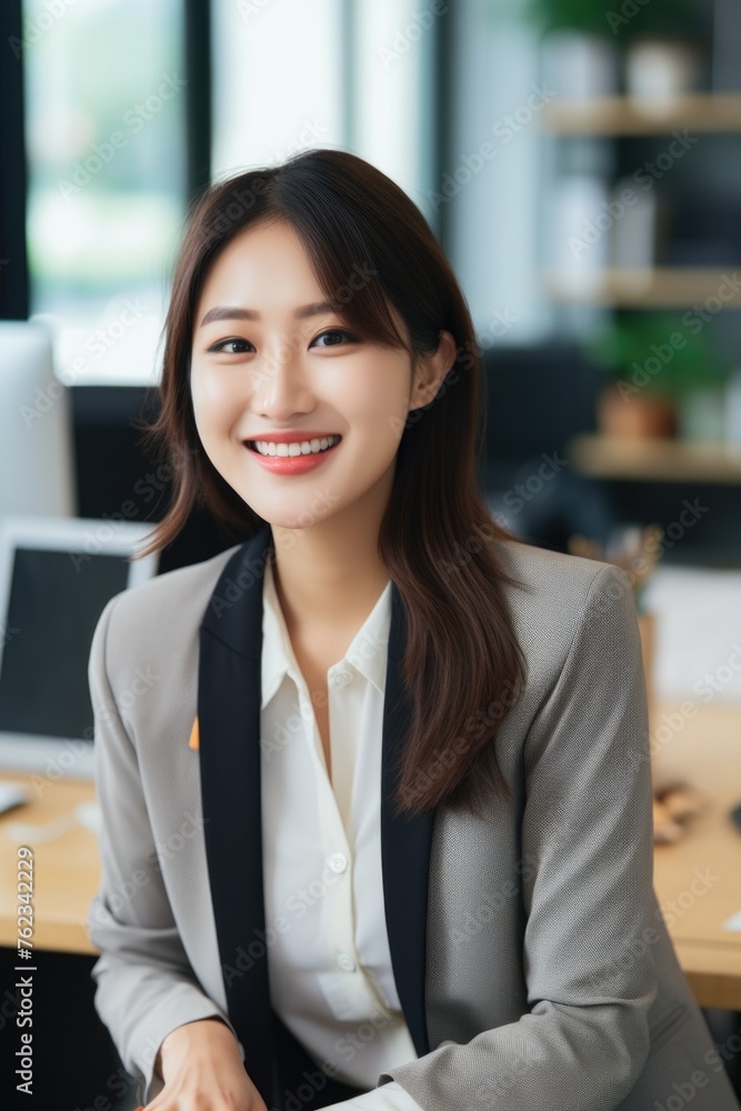 A woman sitting at a desk with a laptop. Suitable for business and technology concepts A woman sitting at a desk with a laptop. Suitable for business and technology concepts