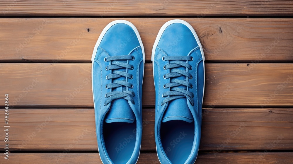 Blue sneakers placed on a wooden surface, versatile image for various concepts