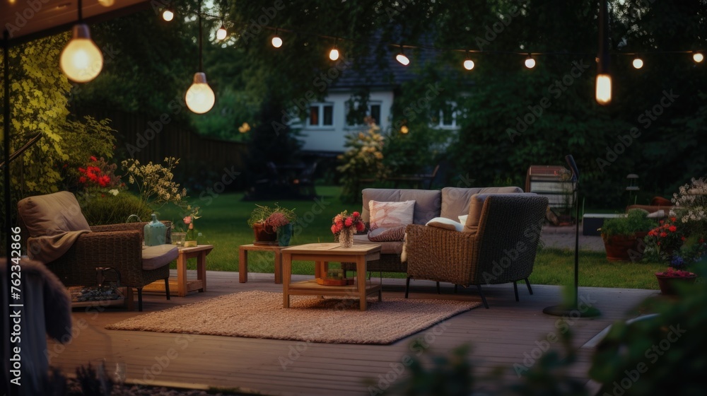 A cozy patio with a couch, chair, table, and lights. Perfect for outdoor relaxation