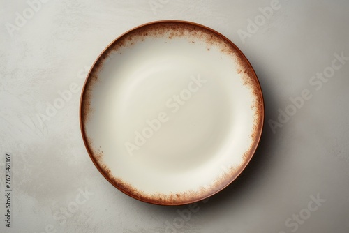 Simple white plate with a brown rim on a wooden table. Suitable for food or kitchen related concepts