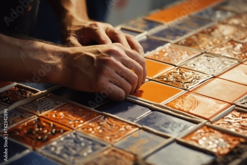 Close up of hands on a tiled table, suitable for various concepts and designs
