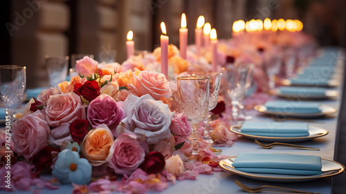A beautifully decorated outdoor table with bouquets of roses  candles  luxury tableware and cutlery