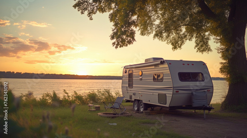 A camper parked next to a serene lake at sunset. Perfect for travel and outdoor adventure concepts