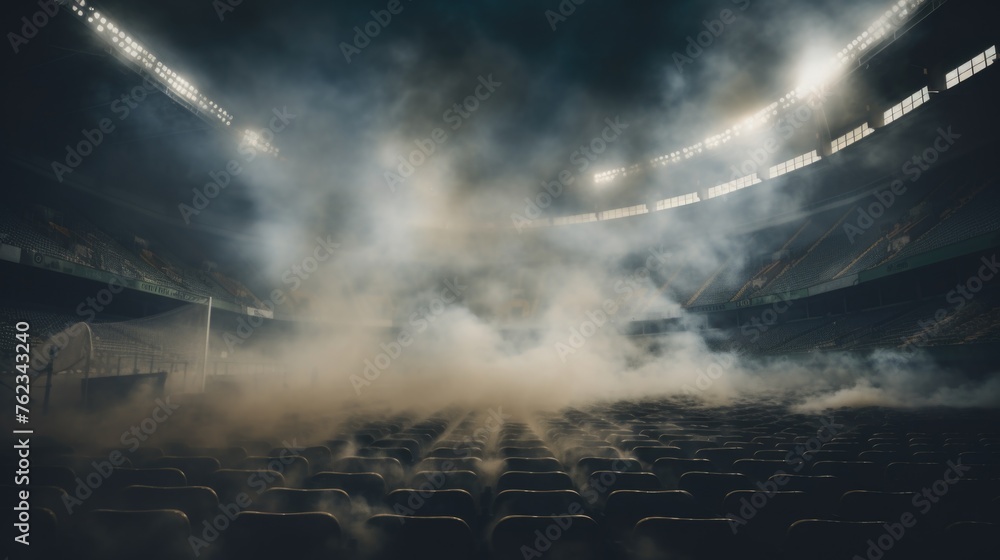 A deserted stadium with smoke rising from the seats. Ideal for sports event cancellations - obrazy, fototapety, plakaty 
