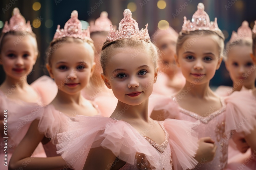 Group of young girls dressed in pink with tiaras, perfect for princess themed events