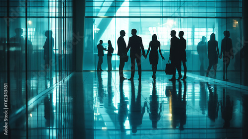 Several silhouettes of businesspeople interacting background business centrer.