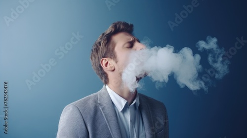 A man in a suit blowing smoke into his mouth. Suitable for business and lifestyle concepts