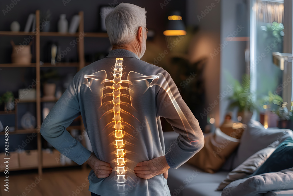 Pain concept - senior man suffering from back pain at home, pain is visualized as glowing spine - obrazy, fototapety, plakaty 