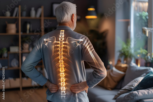 Pain concept - senior man suffering from back pain at home, pain is visualized as glowing spine © anaumenko