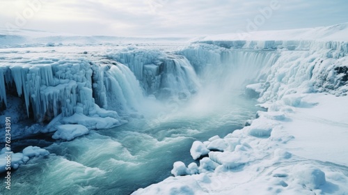 A frozen waterfall in the middle of a river, suitable for winter landscapes